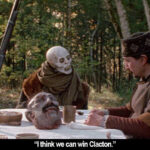 Vampire sitting at a picnic table with a severed head on it: "I think we can win Clacton."